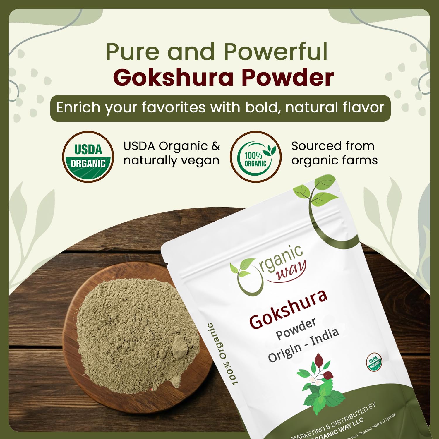 Organic Way Gokshura powder pouch with herbal supplement branding