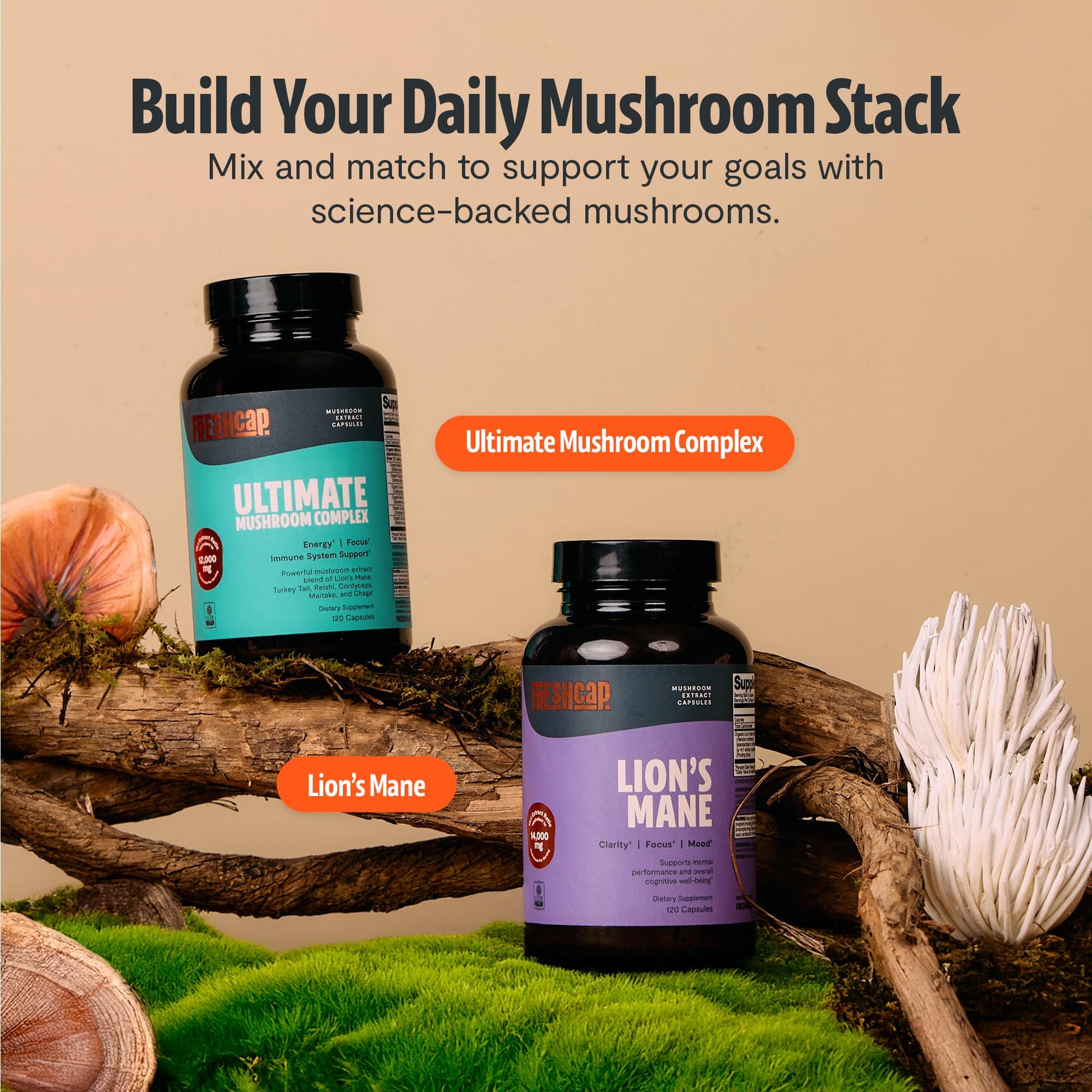 Organic mushroom complex one hundred twenty vegan capsules bottle side angle view