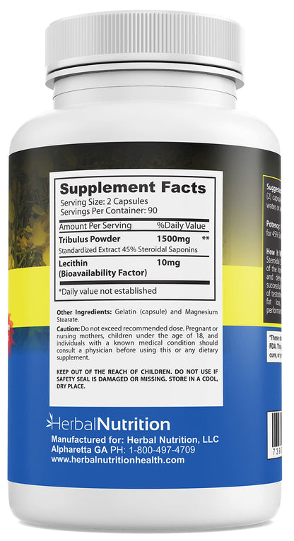 Close up of Herbal Nutrition Tribulus Terrestris 45% saponins label