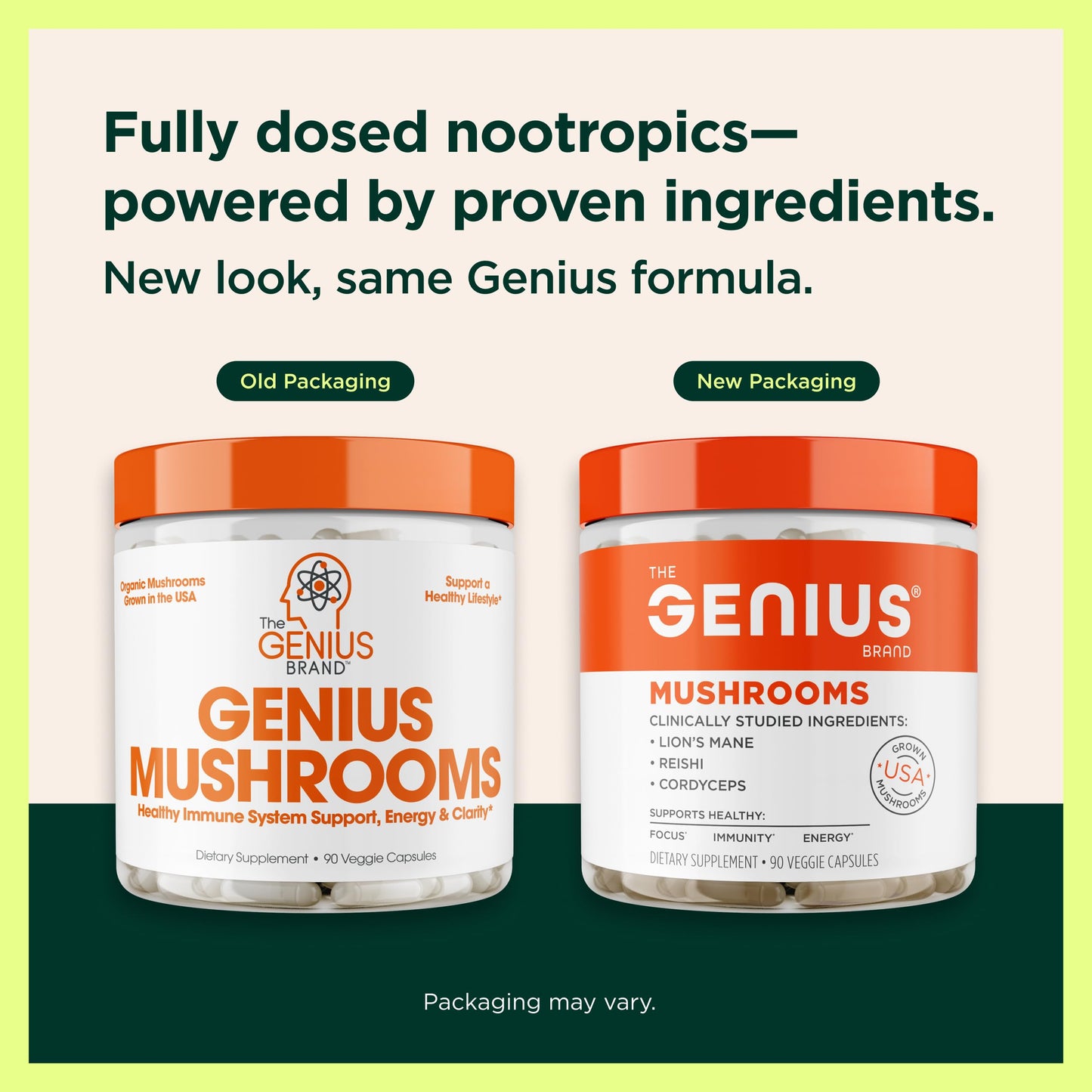 The Genius Brand premium mushroom nootropic supplement bottle displayed on a clean background