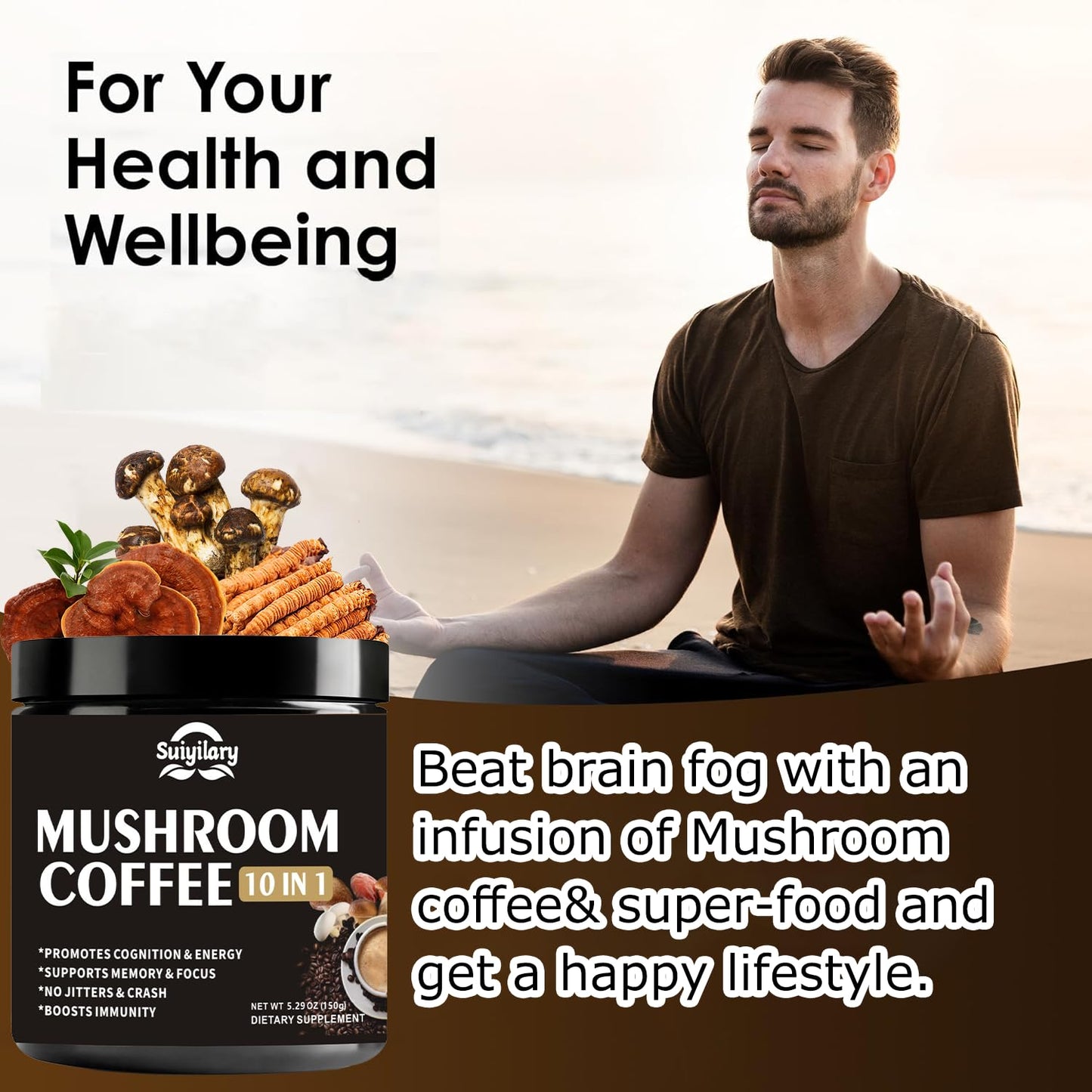 Suiyilary instant mushroom coffee mix being stirred into a hot morning beverage