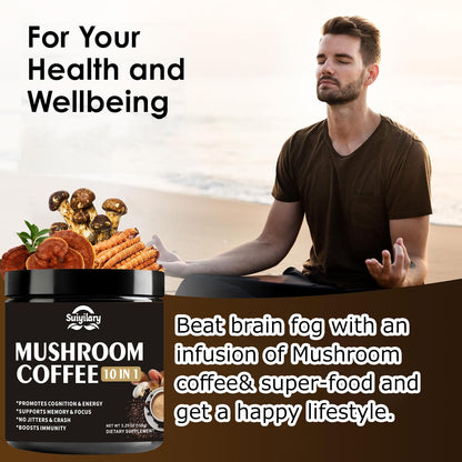 Suiyilary instant mushroom coffee mix being stirred into a hot morning beverage