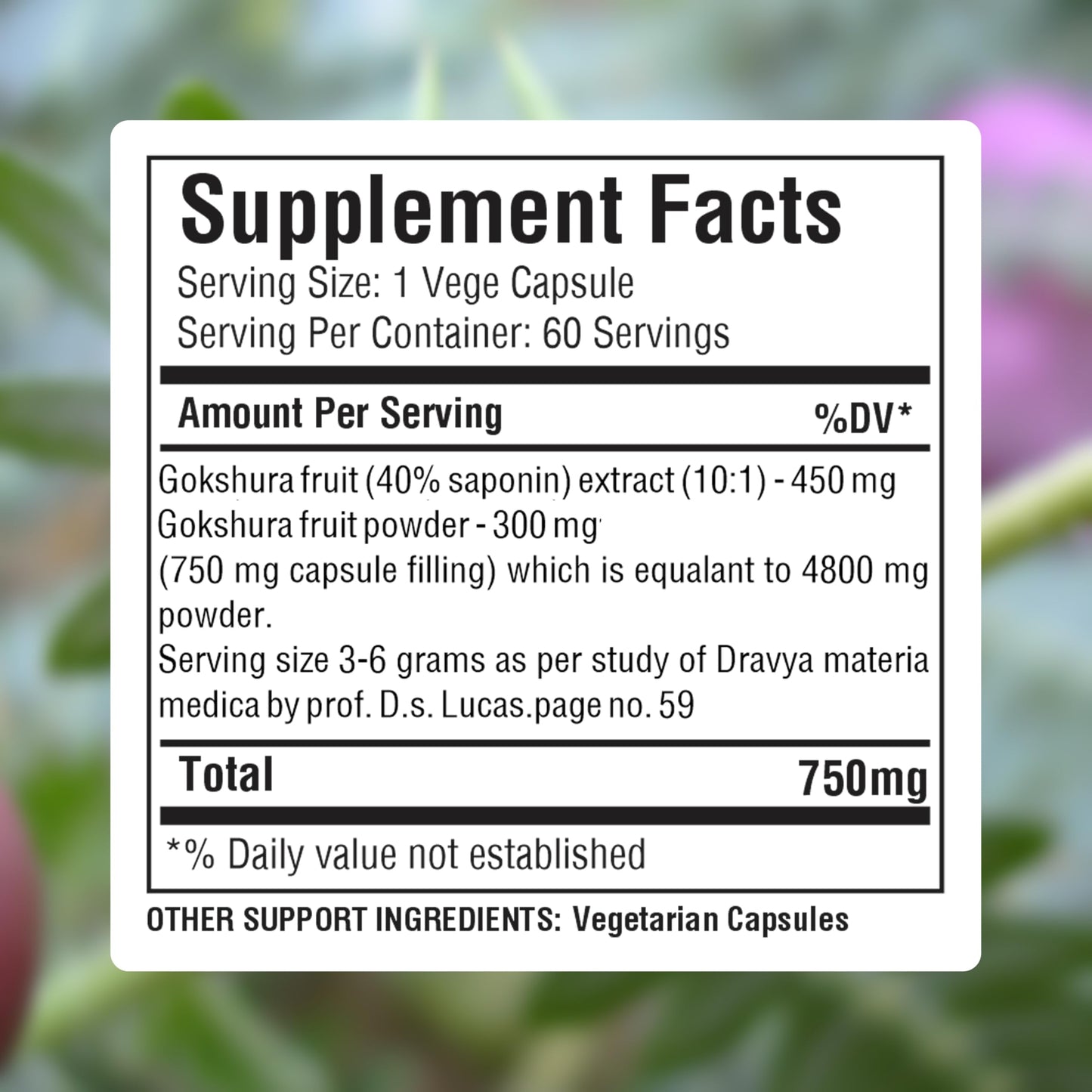 Herbsforever Gokshura capsules label displaying 40 percent saponin content