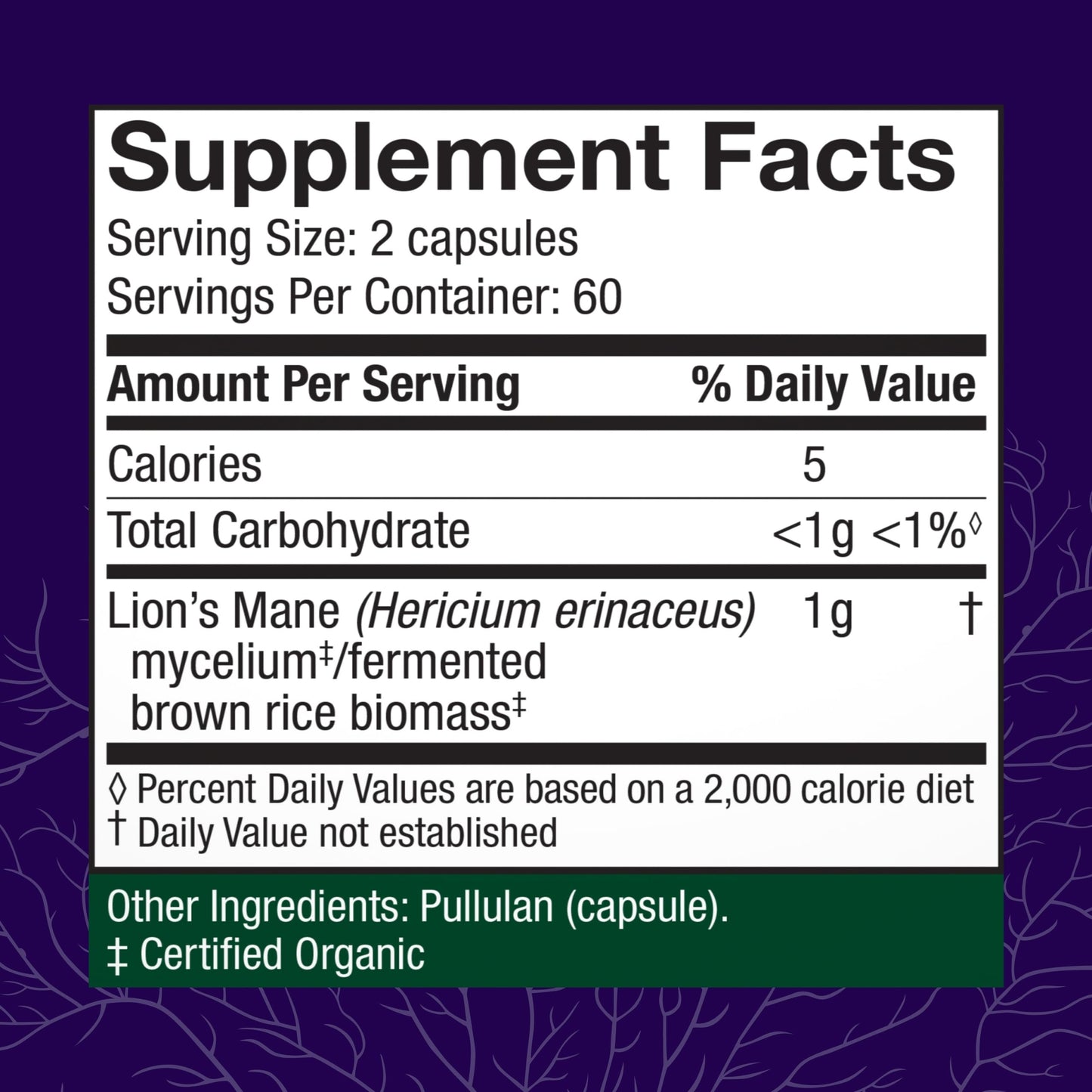 Host Defense Lion's Mane dietary supplement showing nutritional facts and certified organic ingredients