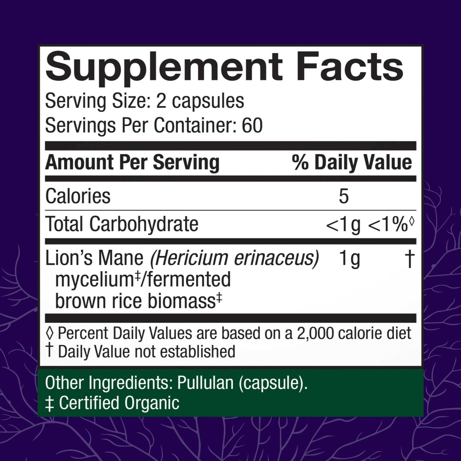 Host Defense Lion's Mane dietary supplement showing nutritional facts and certified organic ingredients