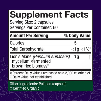 Host Defense Lion's Mane dietary supplement showing nutritional facts and certified organic ingredients