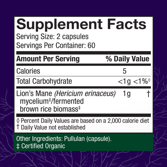 Host Defense Lion's Mane dietary supplement showing nutritional facts and certified organic ingredients