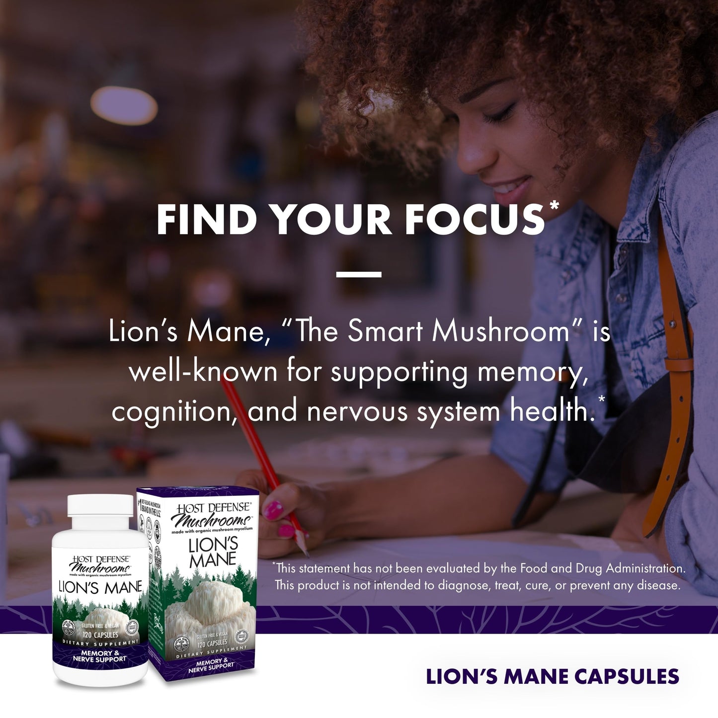 Host Defense Lion's Mane mushroom supplement packaging highlighting nervous system benefits