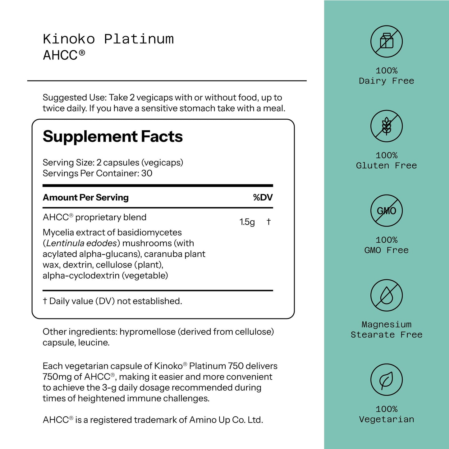 Side angle of the Quality of Life mushroom extract dietary supplement bottle showing product details.