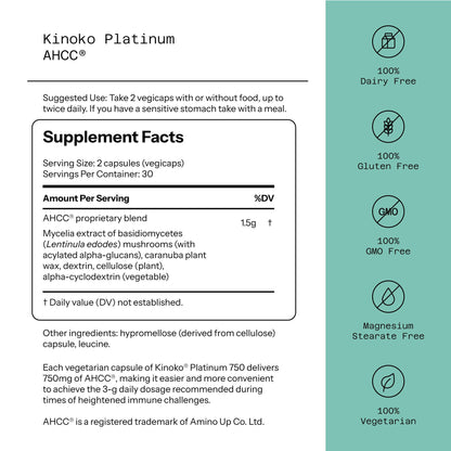 Side angle of the Quality of Life mushroom extract dietary supplement bottle showing product details.