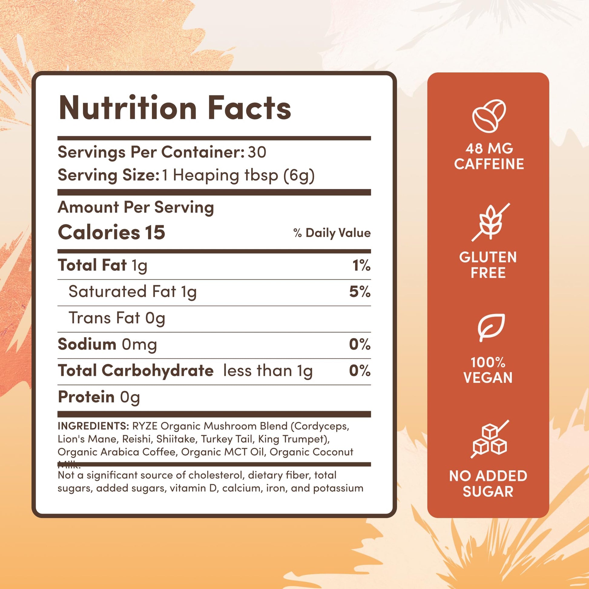 Organic mushroom coffee blend packaging showing six adaptogenic mushrooms ingredients list