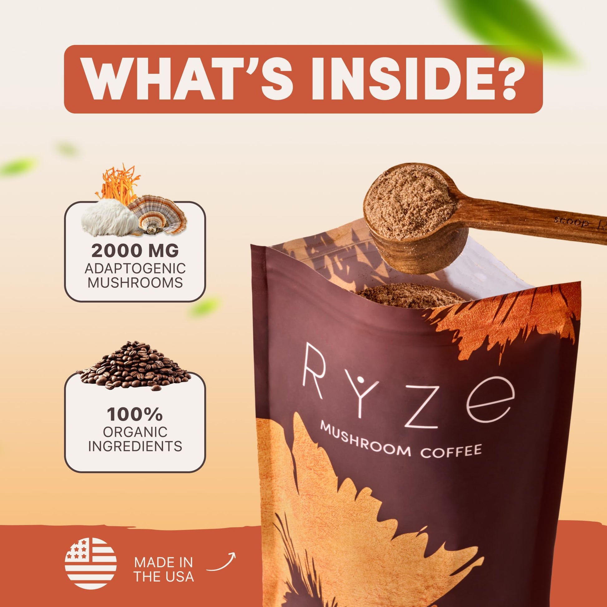 Authentic USA sourced RYZE mushroom coffee bag highlighting organic certifications