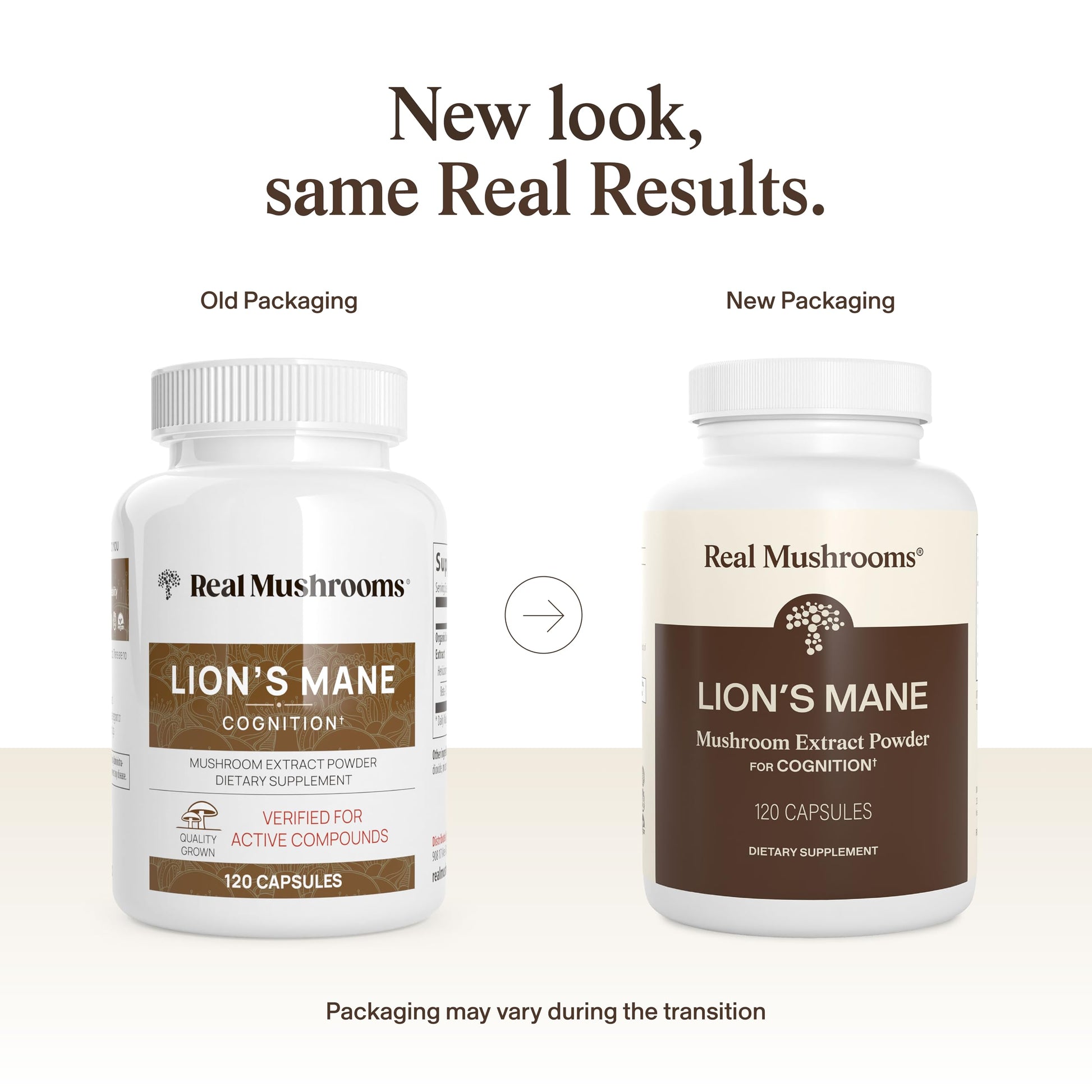 Real Mushrooms Lions Mane 120 capsules pack showing certified organic ingredients list