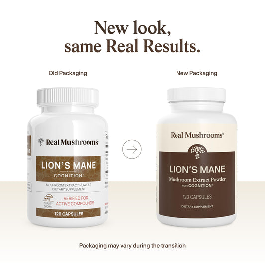 Real Mushrooms Lions Mane 120 capsules pack showing certified organic ingredients list