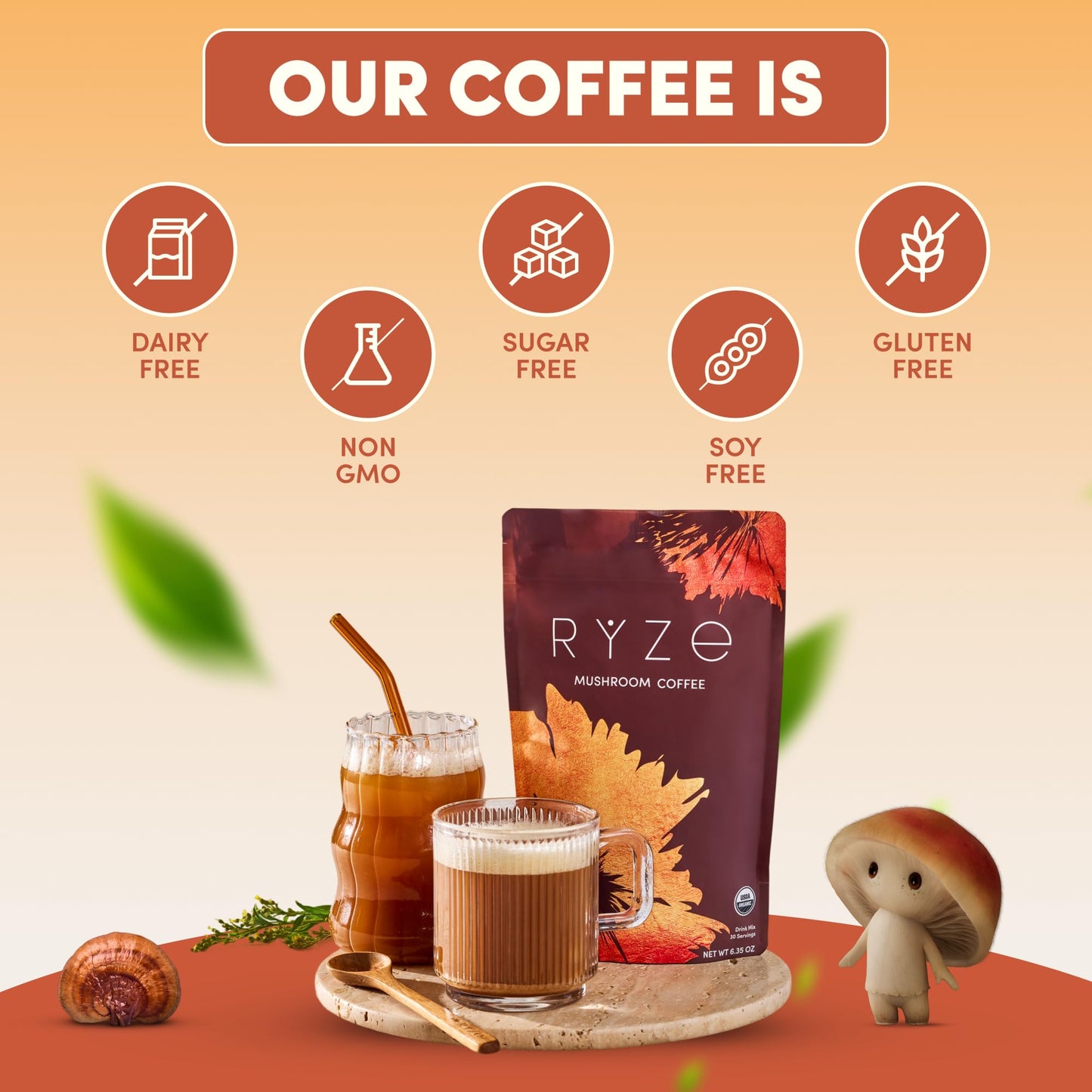 A prepared cup of hot creamy mushroom coffee latte alongside the product packaging
