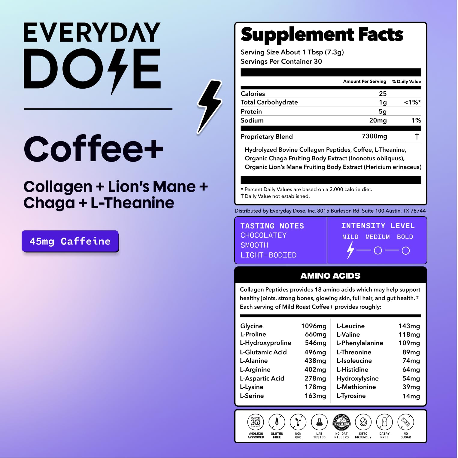 Everyday Dose Coffee Plus dietary supplement packaging showing collagen and chaga ingredients.