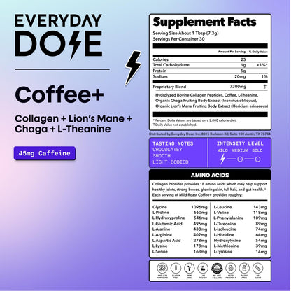 Everyday Dose Coffee Plus dietary supplement packaging showing collagen and chaga ingredients.