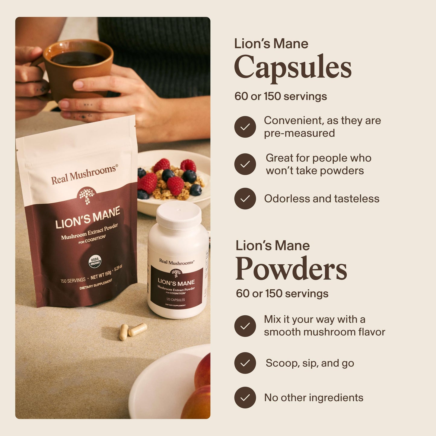 Vegan gluten free organic lions mane extract capsules for morning mental clarity routine