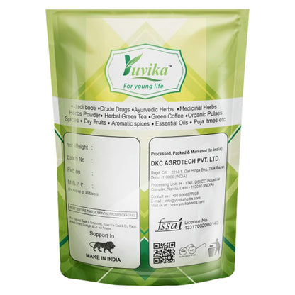Side angle of Yuvika Cyperus Rotundus Rhizome loose herbal powder container showing net weight details.