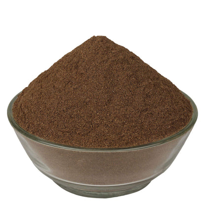 Back label view of Yuvika nut sedge root powder showcasing natural ingredients and manufacturing information.