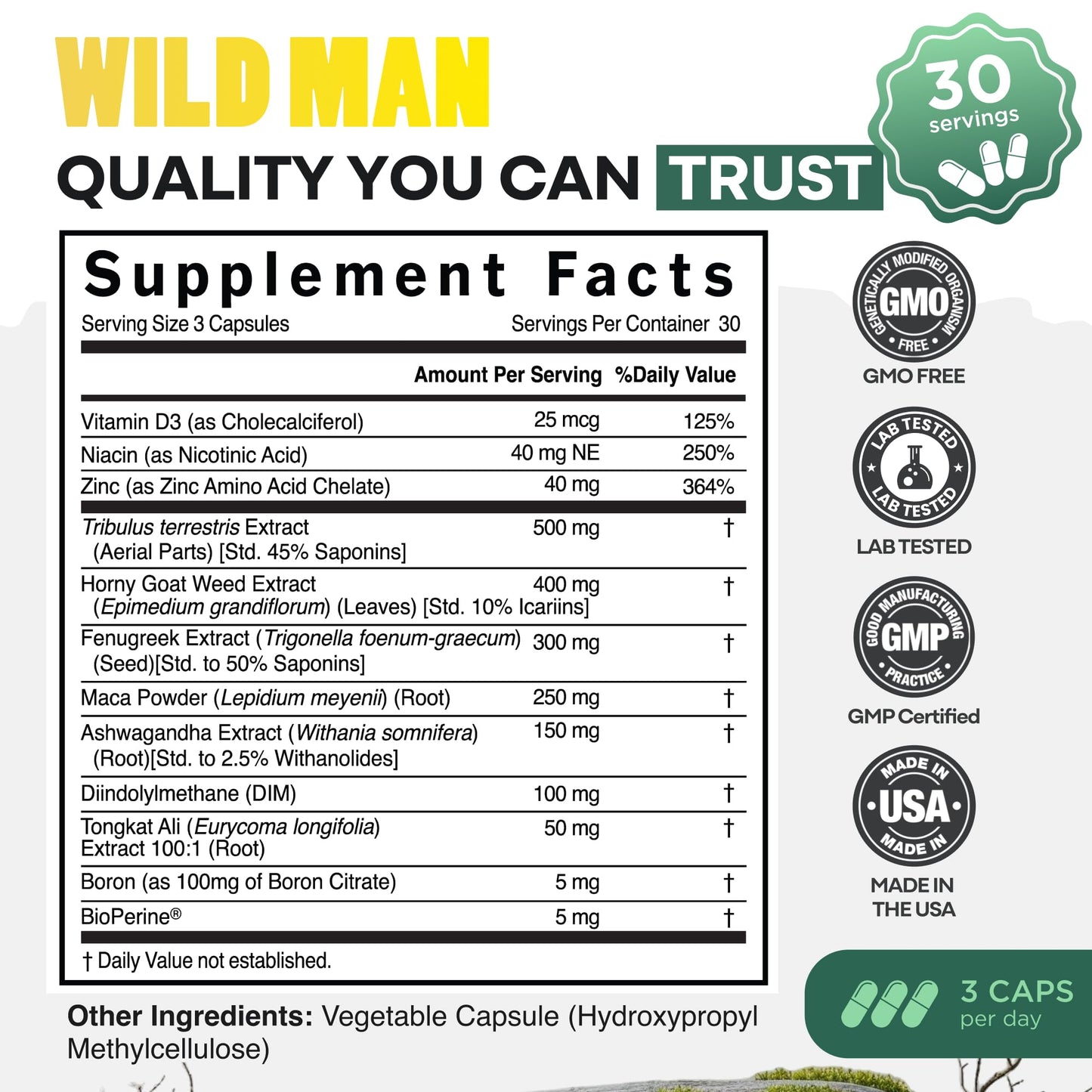 Side view of Wild Foods male hormone support supplement