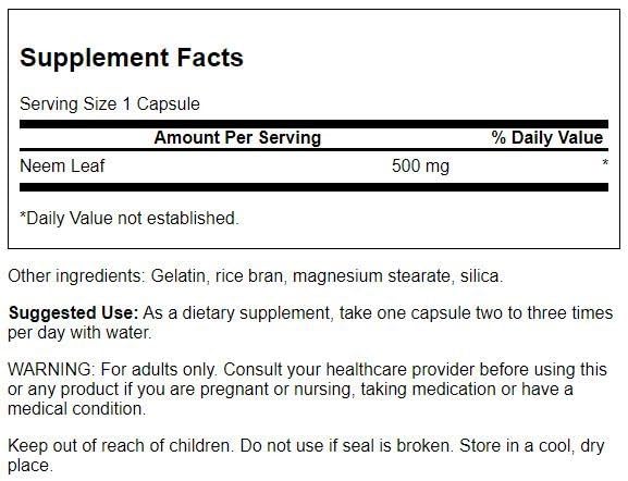 Swanson Premium Neem Leaf 500 mg Supplement Facts Label Details