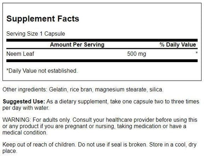 Swanson Premium Neem Leaf 500 mg Supplement Facts Label Details