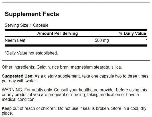 Swanson Premium Neem Leaf 500 mg Supplement Facts Label Details