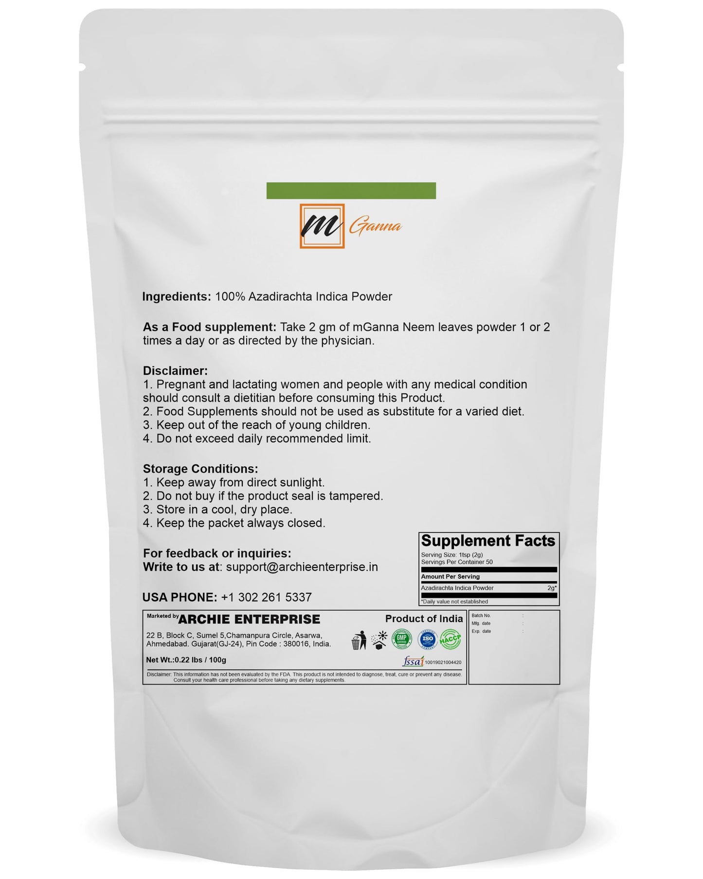 mGanna Pure Neem Leaf Powder packaging label details
