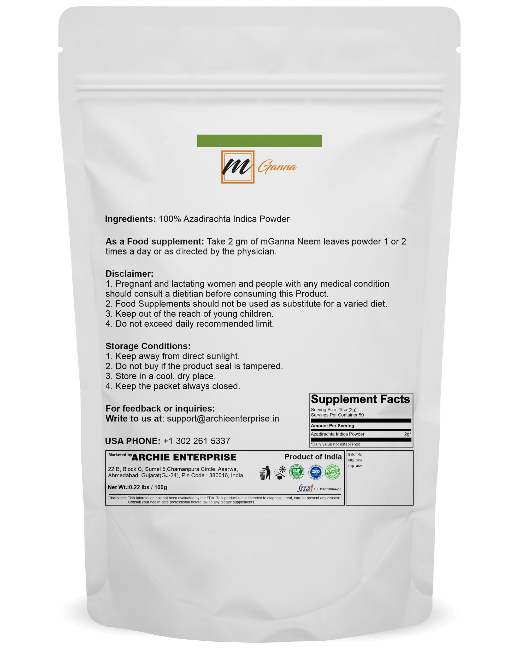 mGanna Pure Neem Leaf Powder packaging label details