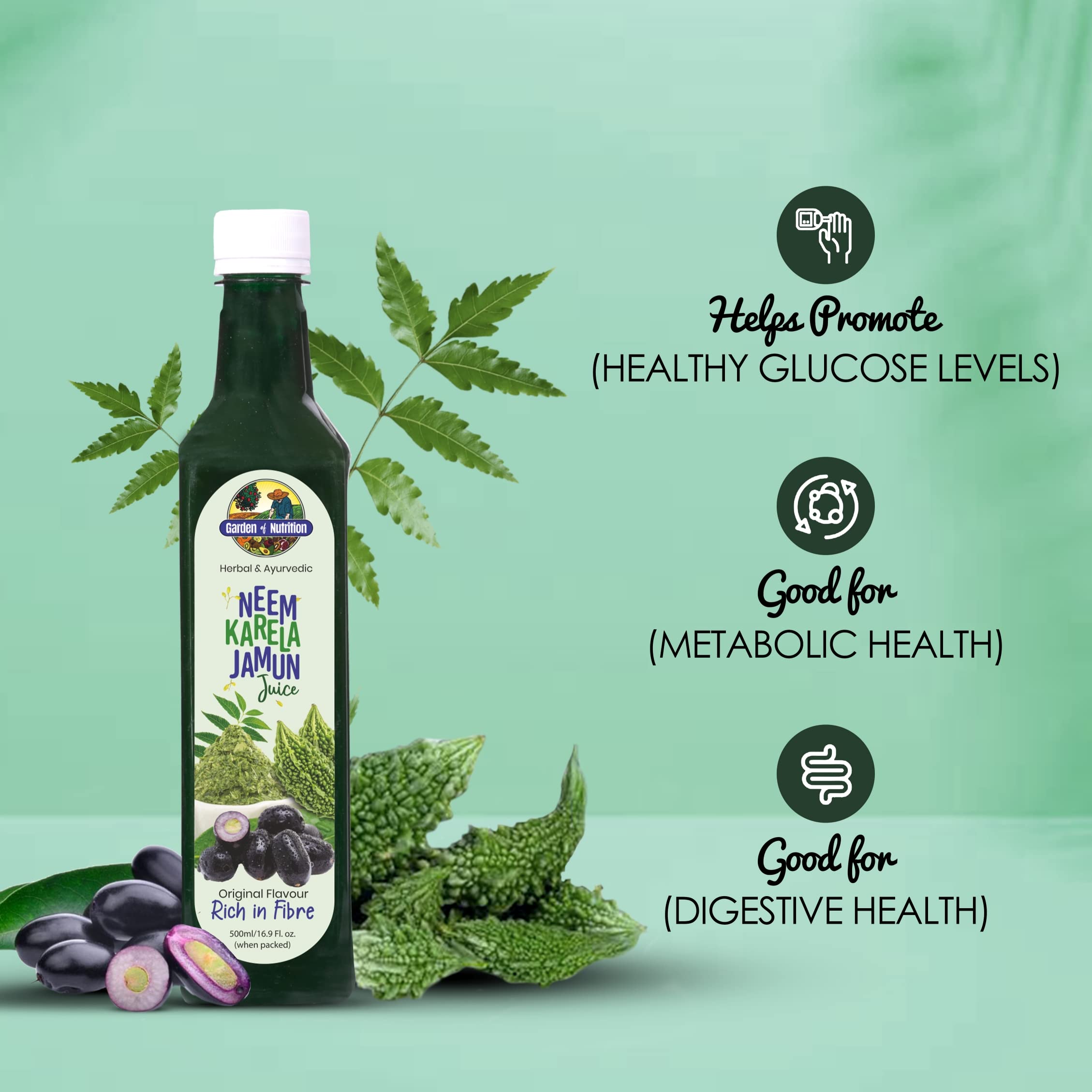 Garden Of Nutrition Neem Karela Jamun Juice herbal ingredients display