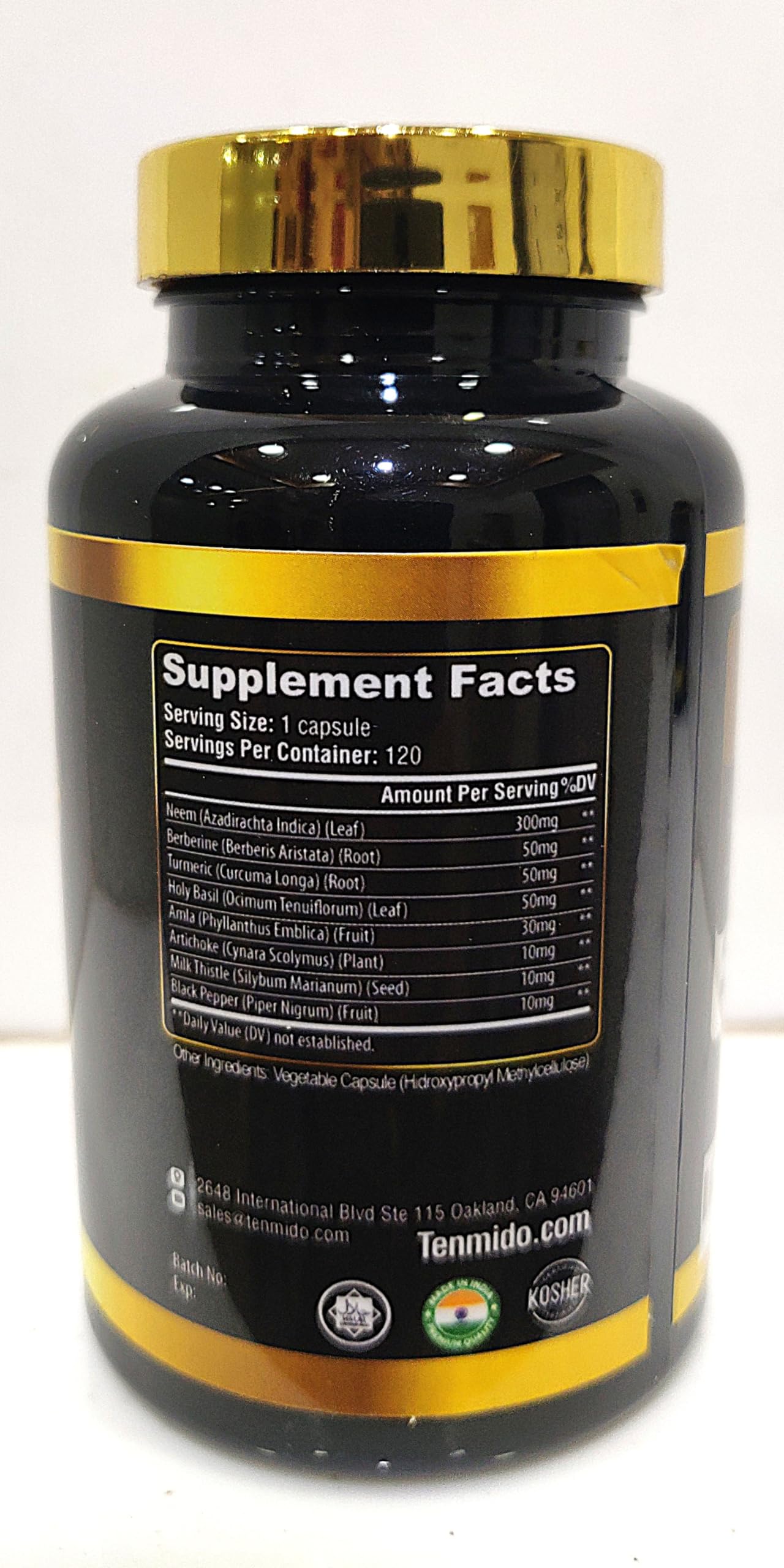 Tenmido 120 Veggie Capsules Supplement Bottle Label Details