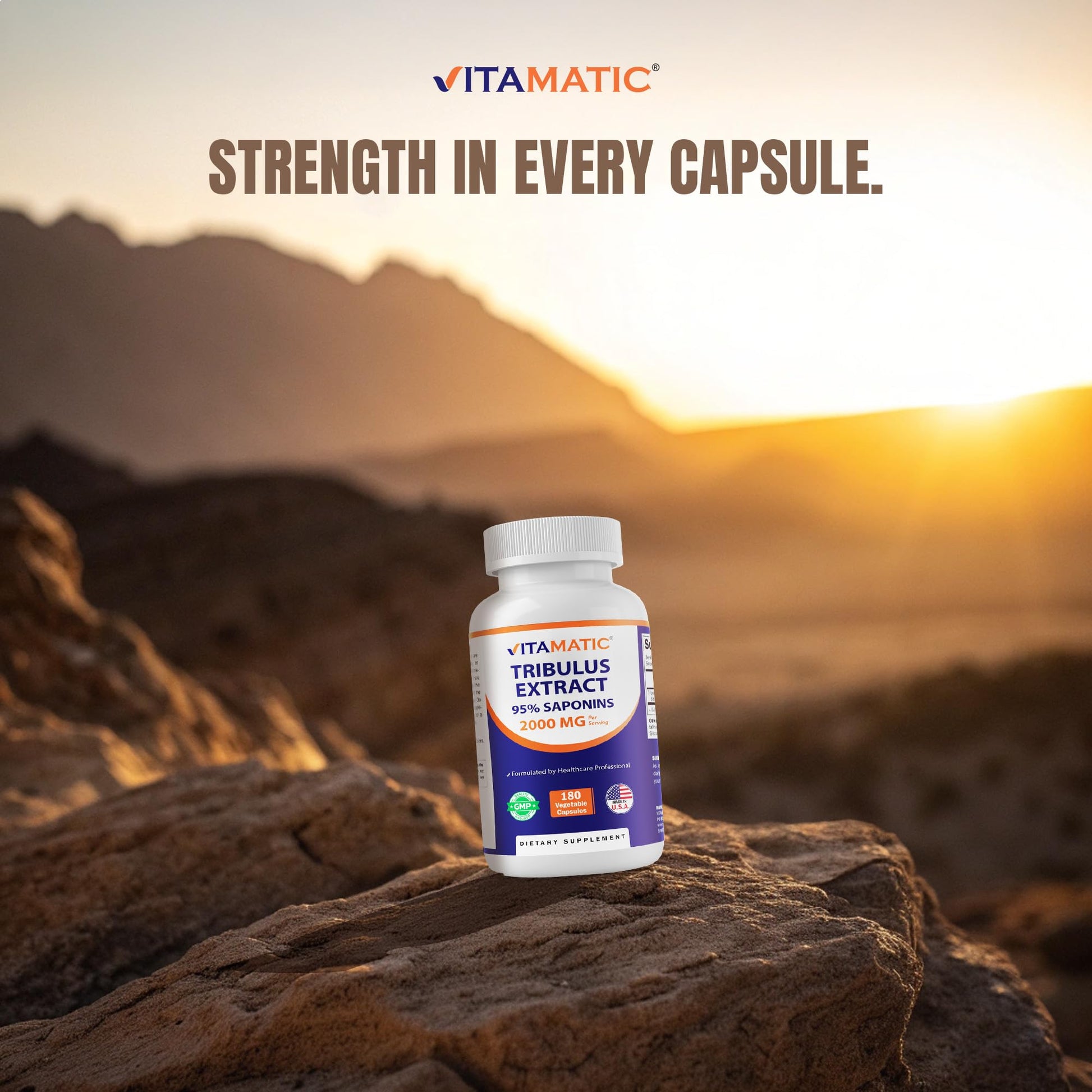 Vitamatic Tribulus Terrestris 180 count bottle side profile