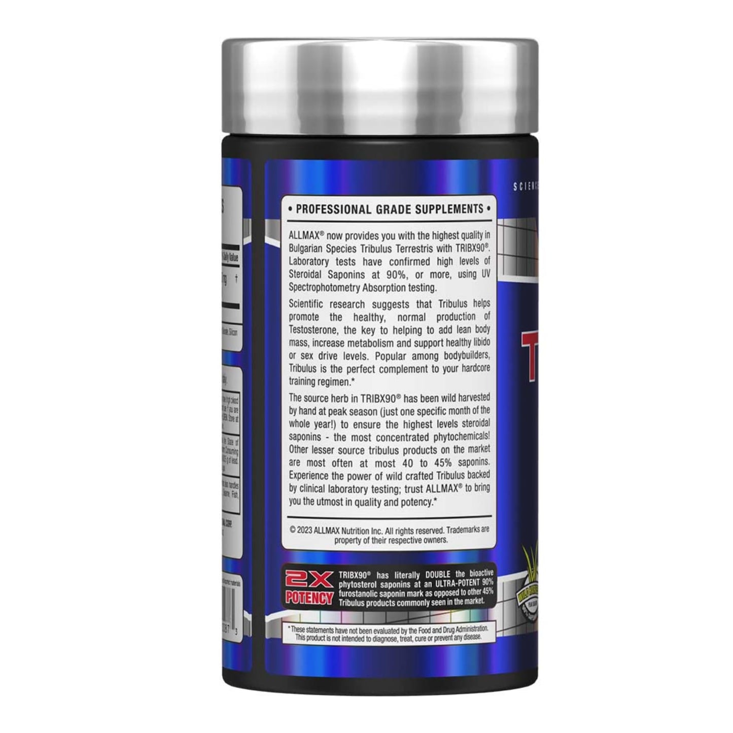 Allmax TribX90 750mg supplement bottle packaging