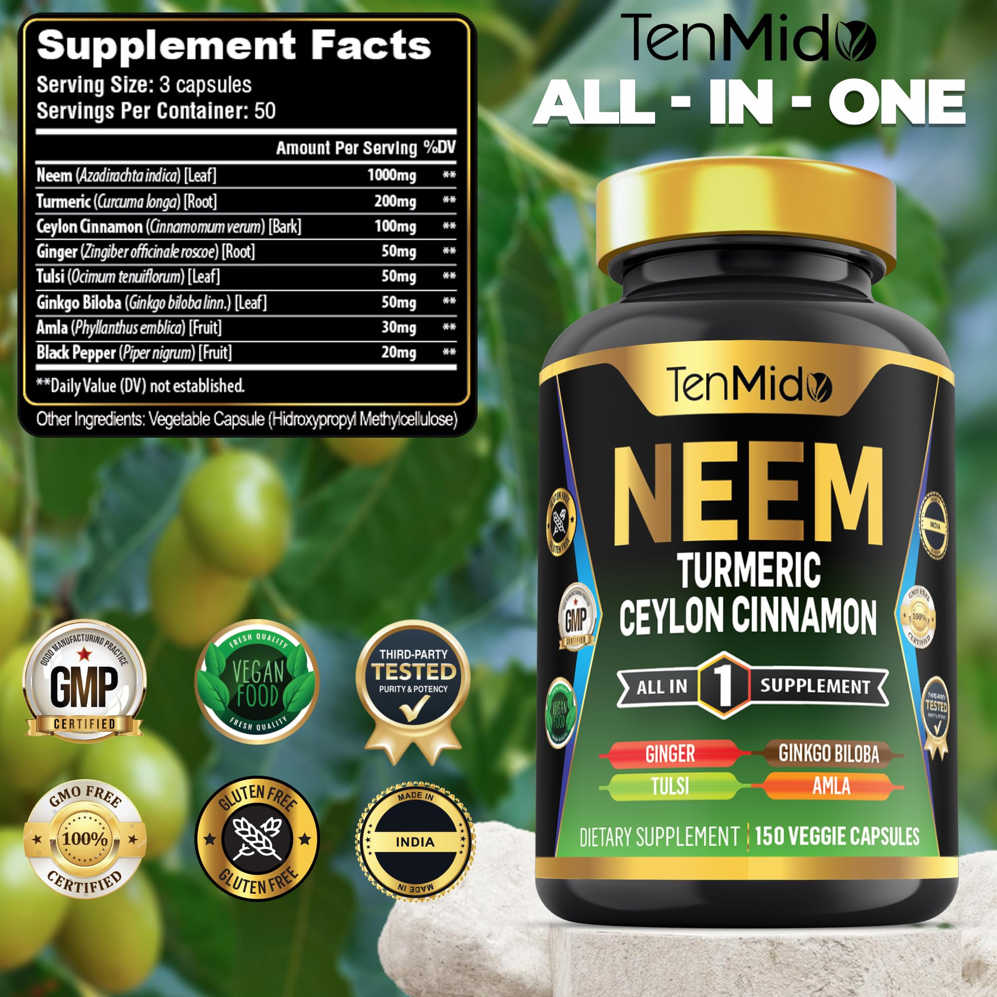 Tenmido Neem Leaf 8in1 Formula supplement facts label