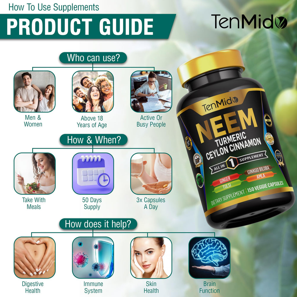 Tenmido Neem Leaf Supplement bottle top and cap