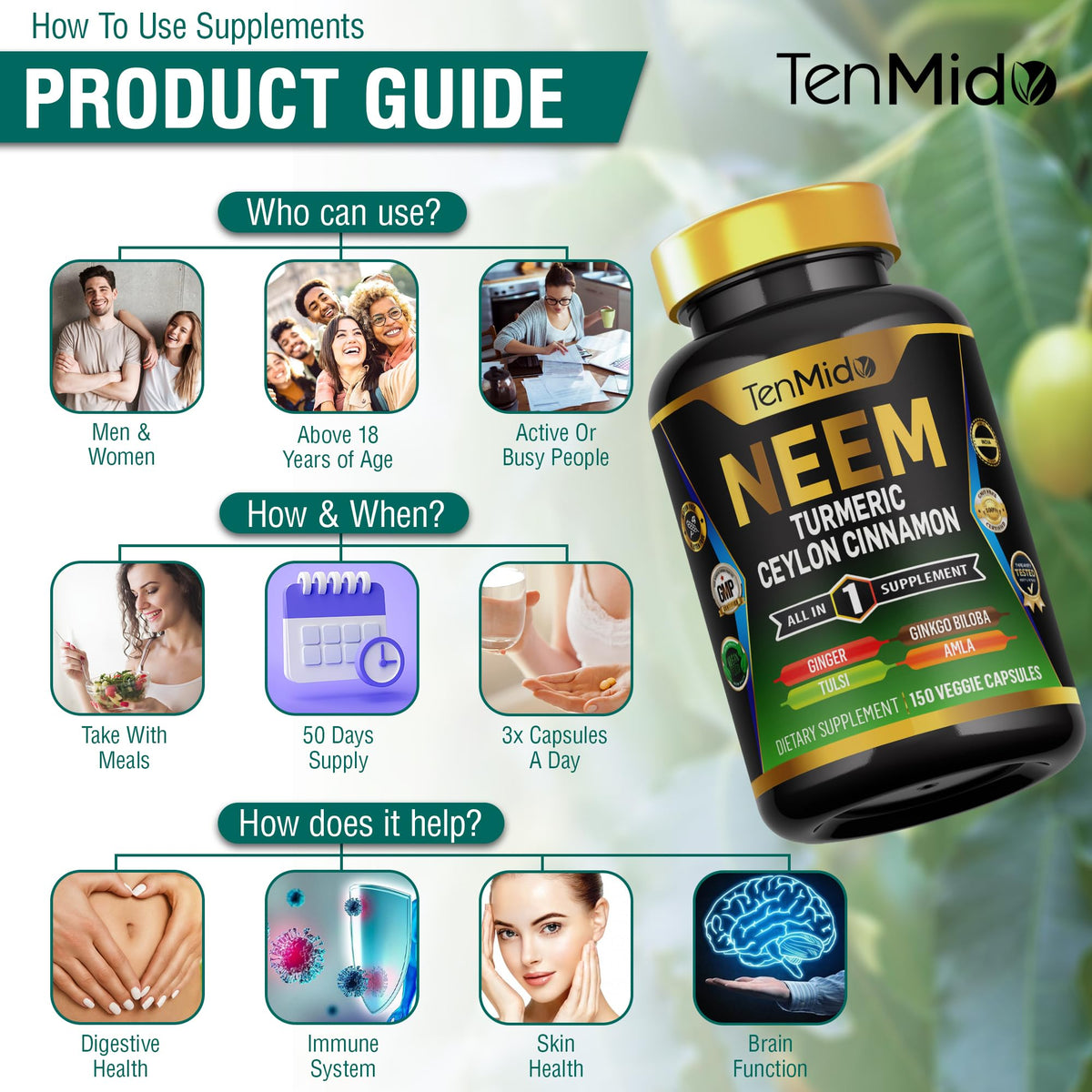 Tenmido Neem Leaf Supplement bottle top and cap