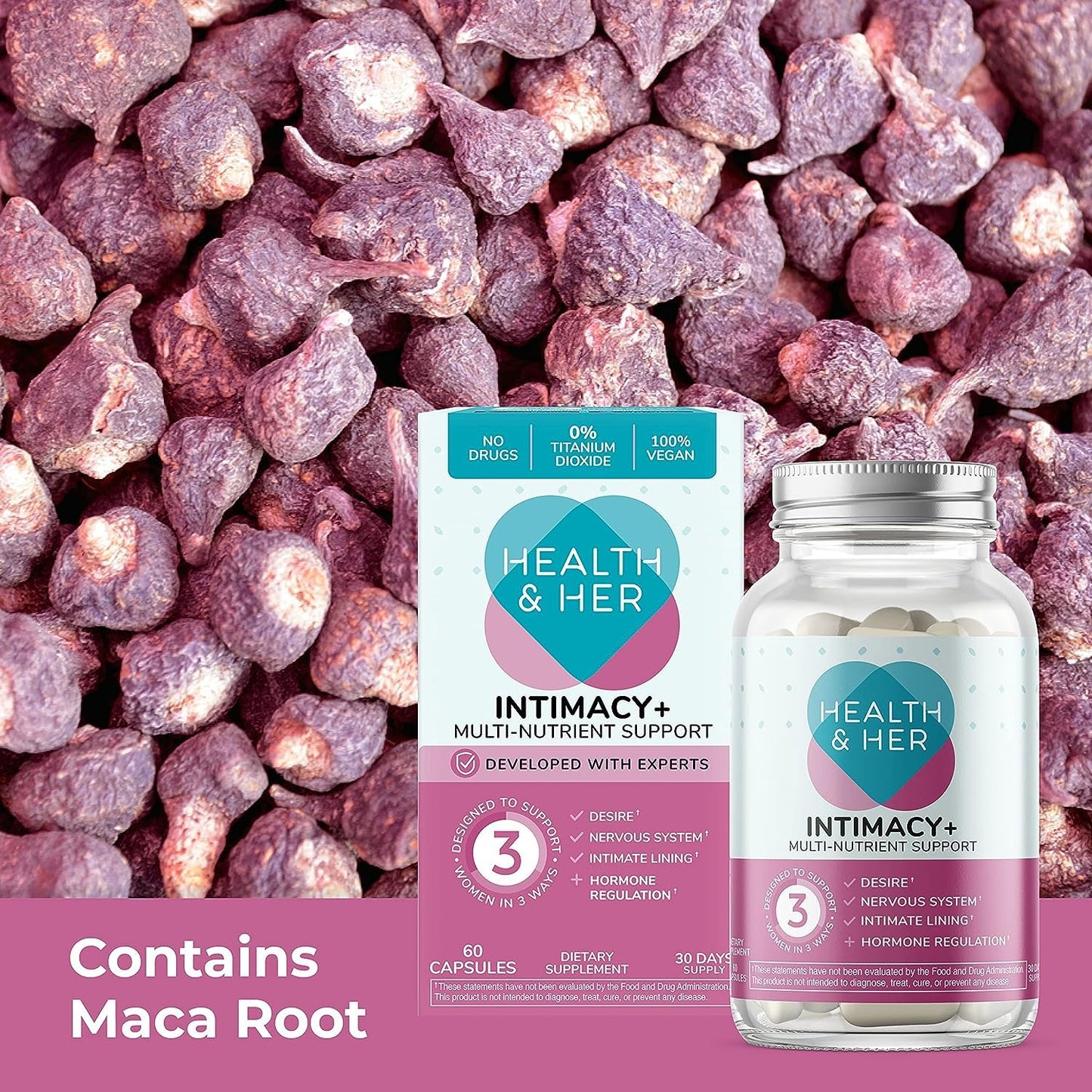 Side view of Health and Her Intimacy supplement bottle