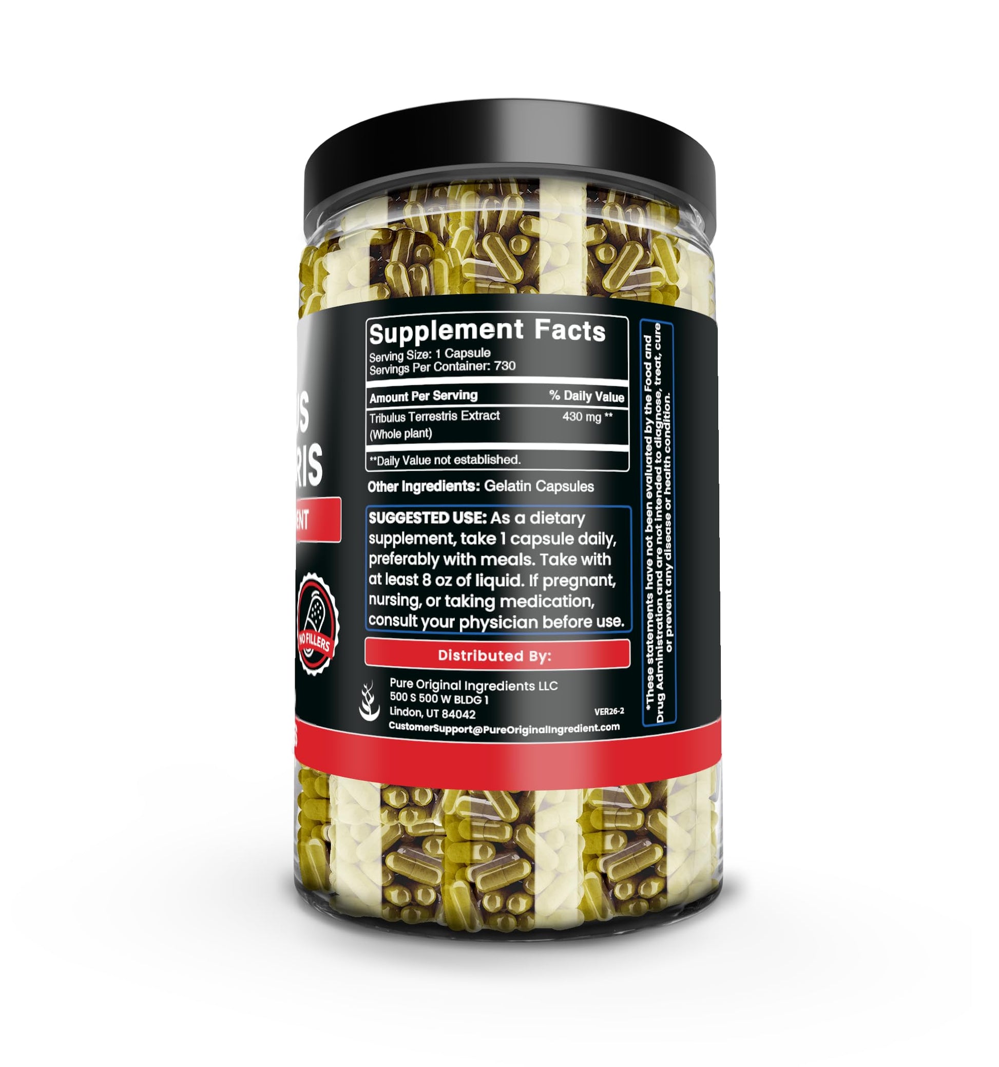 Pure Original Ingredients Tribulus Terrestris capsules bottle side view