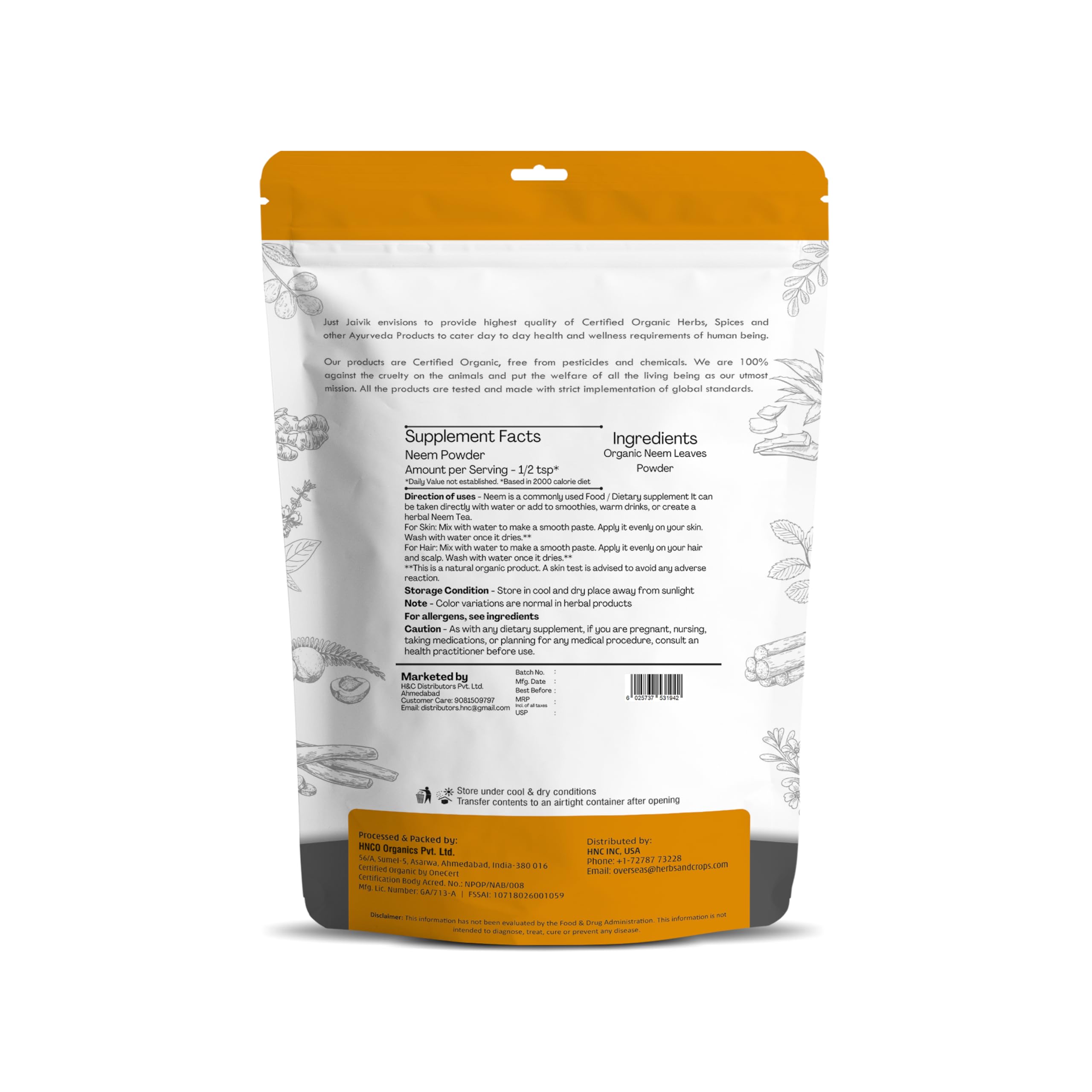 Just Jaivik Organic Neem Leaves Powder pouch with USDA organic label