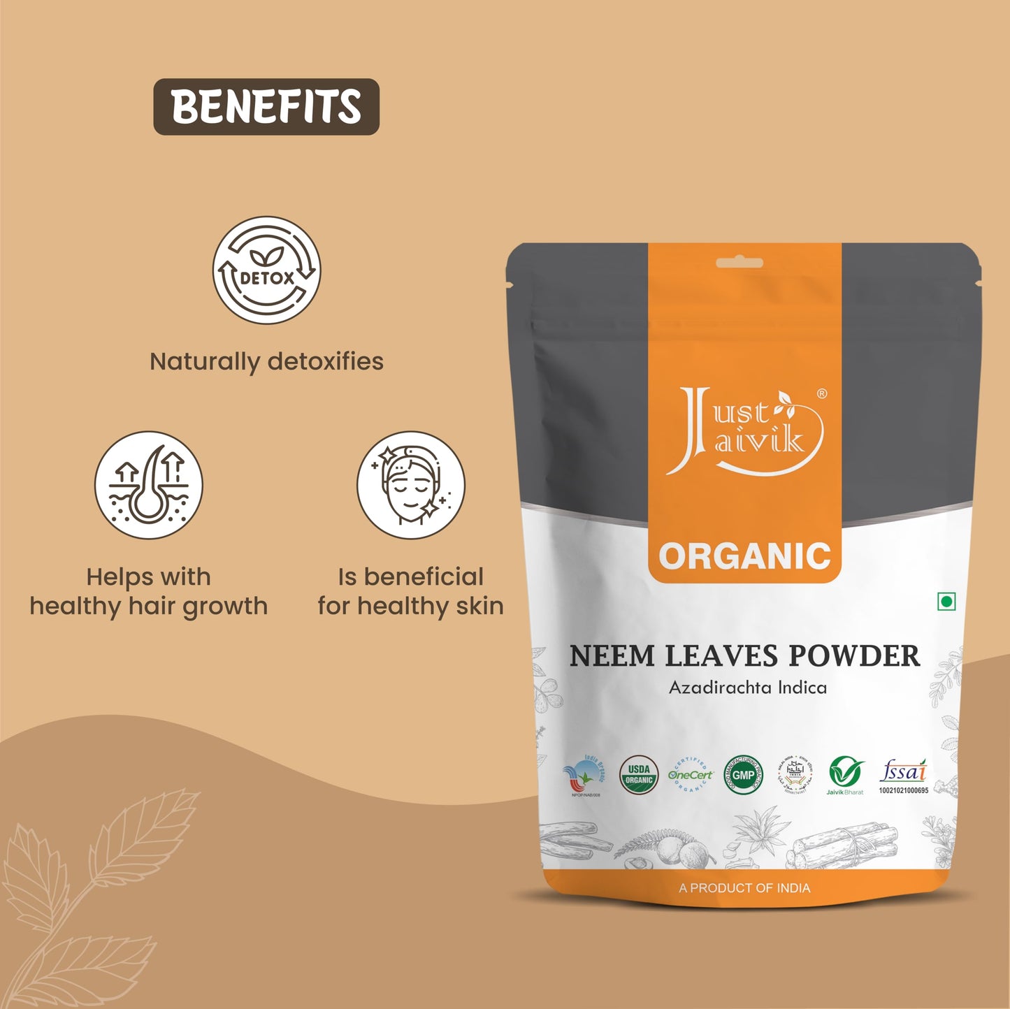 Just Jaivik Organic Neem Leaves Powder fine texture closeup