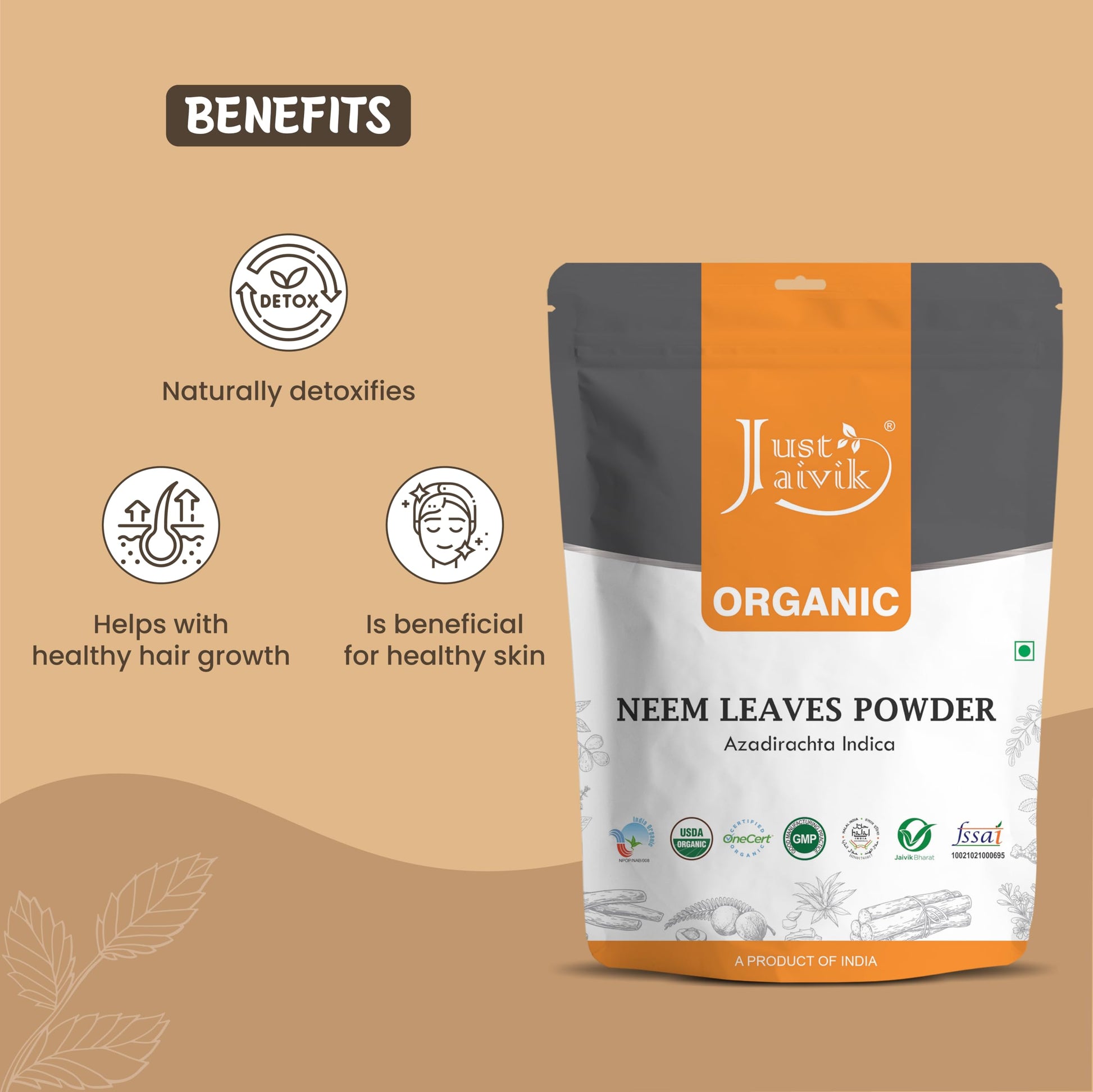 Just Jaivik Organic Neem Leaves Powder fine texture closeup