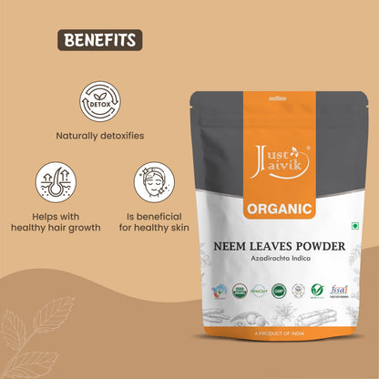 Just Jaivik Organic Neem Leaves Powder fine texture closeup