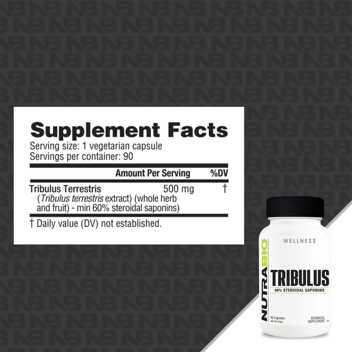 NutraBio Tribulus Terrestris 500mg label showing 60 percent saponins