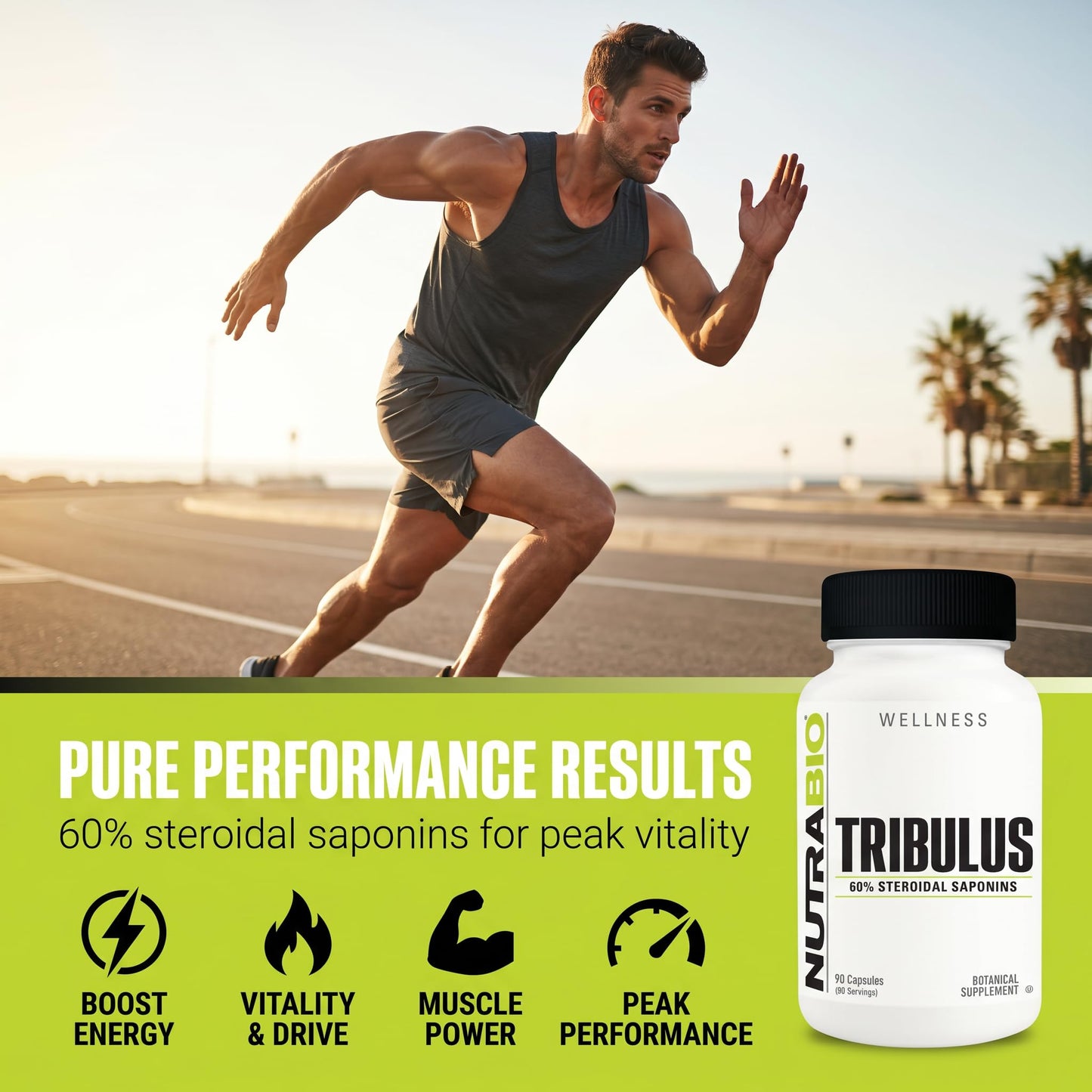 Side view of NutraBio Tribulus supplement bottle with ingredient list