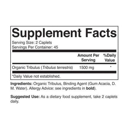 Side view of Brieofood Tribulus supplement bottle showing organic certification