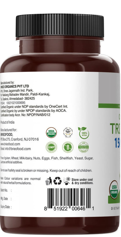 Top view of Brieofood Organic Tribulus dietary supplement bottle