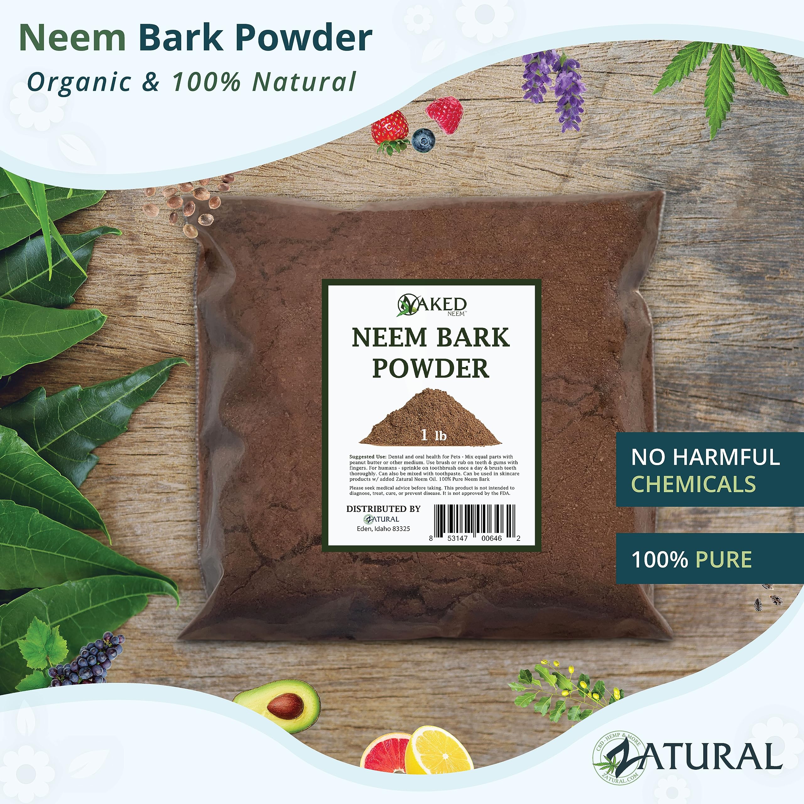 Zatural Pure Neem Bark Powder 16 Ounce bag label details