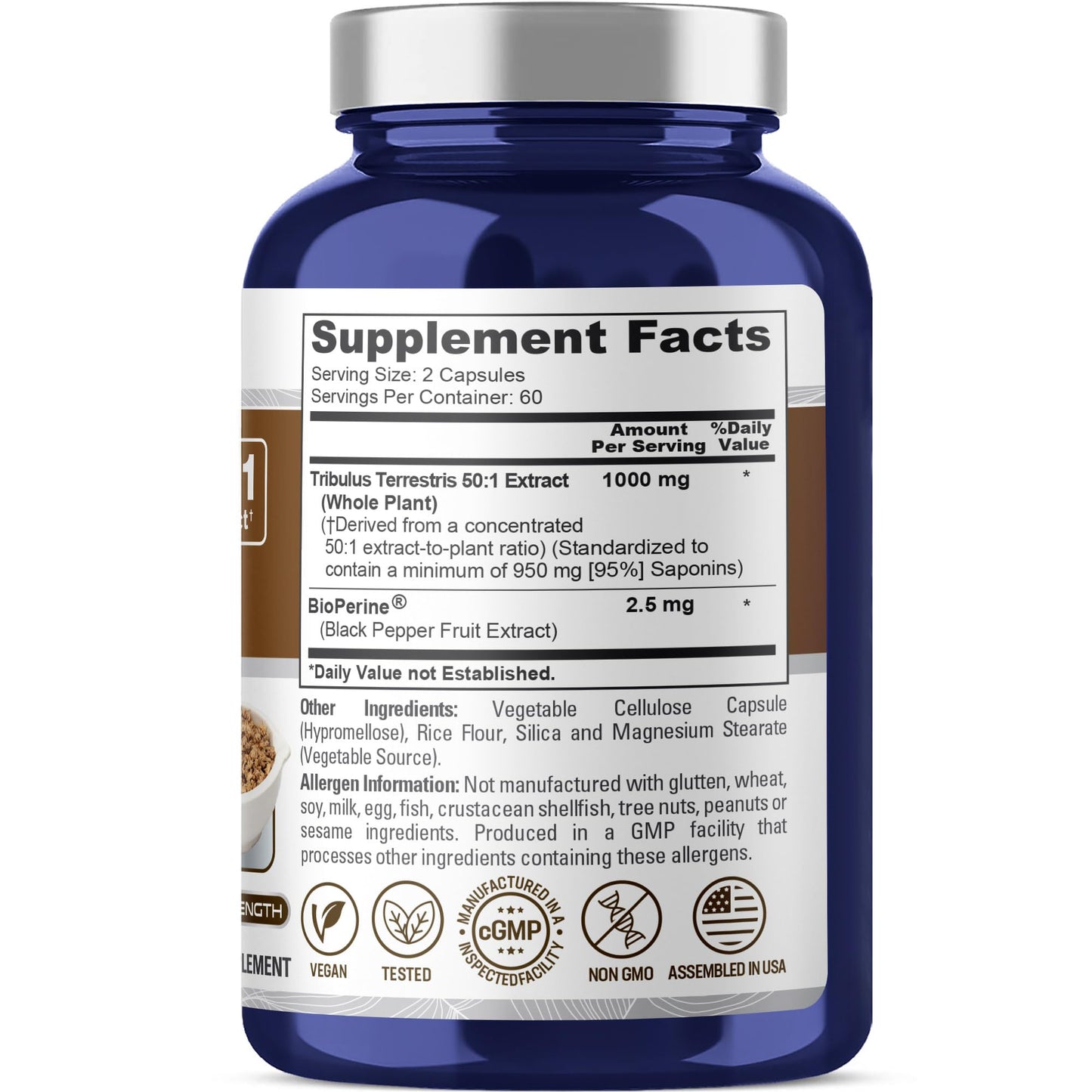 NusaPure Tribulus Terrestris supplement bottle showing potency and extract ratio