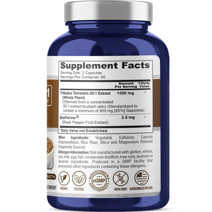 NusaPure Tribulus Terrestris supplement bottle showing potency and extract ratio